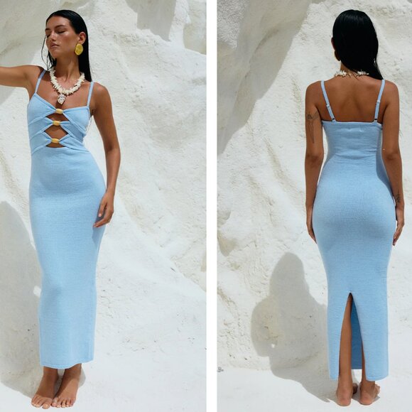 Runaway The Label Normani Light Ice Blue Midi Knit Bodycon Cut Out Bead Dress M - Picture 2 of 8